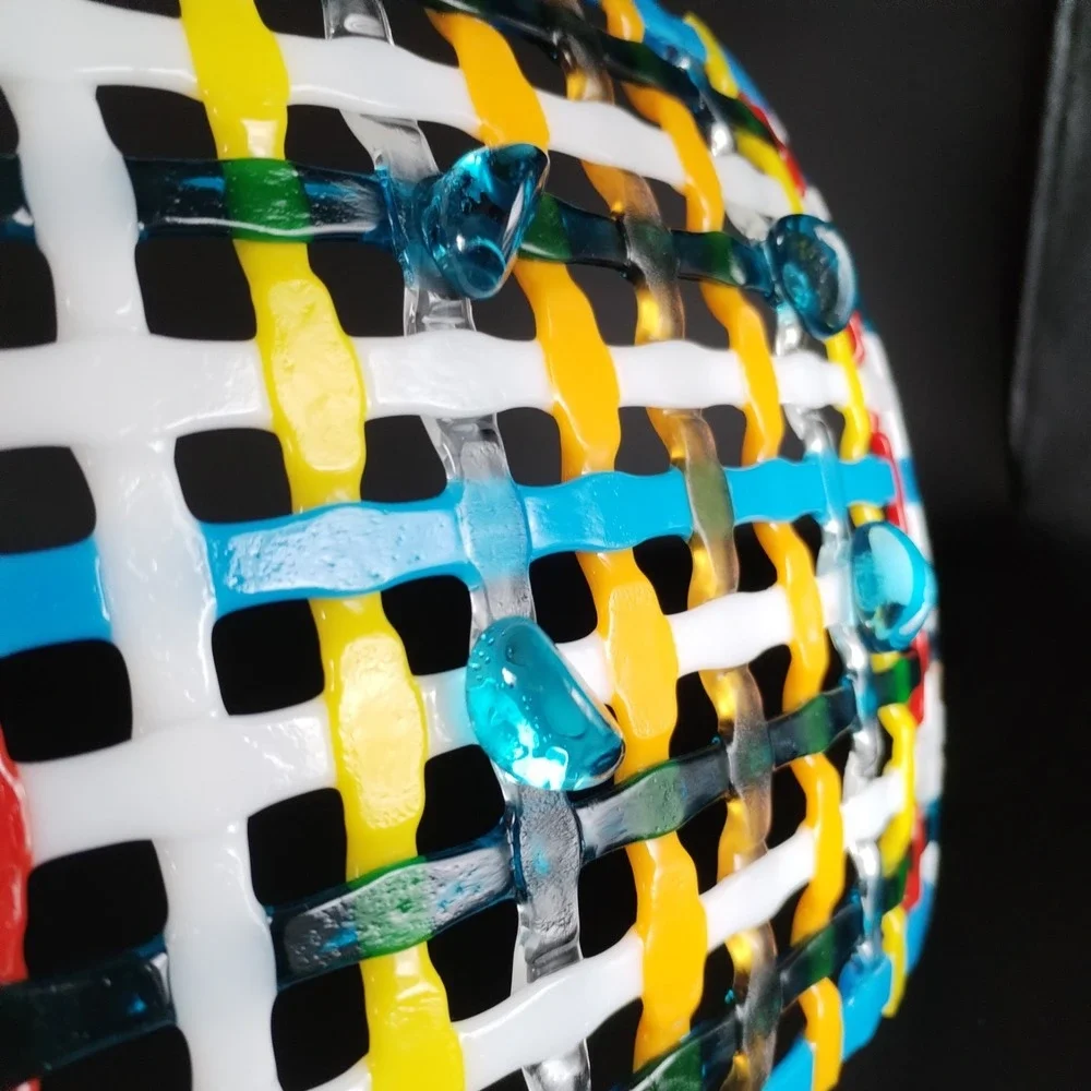 Vintage Fused Art Glass Lattice Tray Woven Grid Bowl Platter Colorful Blue Feet
